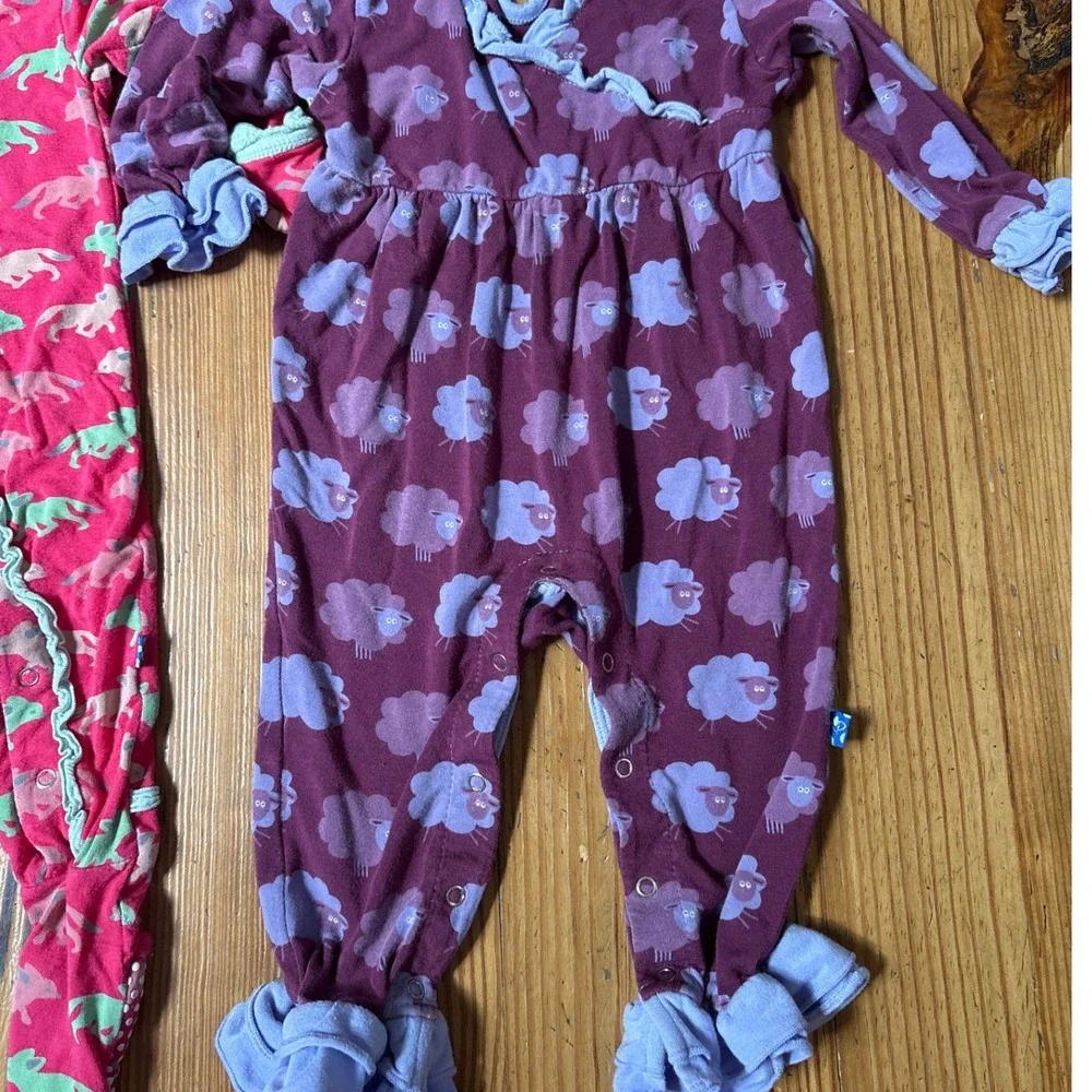 KicKee Pants Romper Footie Girls Pink Purple Ruffle Animal SIZE 3-6M